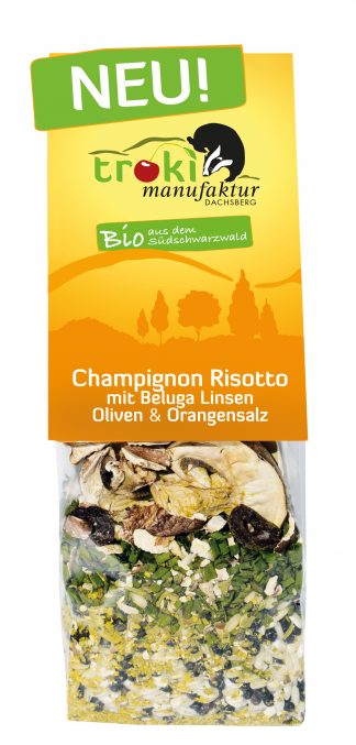 Champignon Risotto mit Beluga Linsen, Oliven & Orangensalz (mit Beluga Linsen aus dem Ländle)
